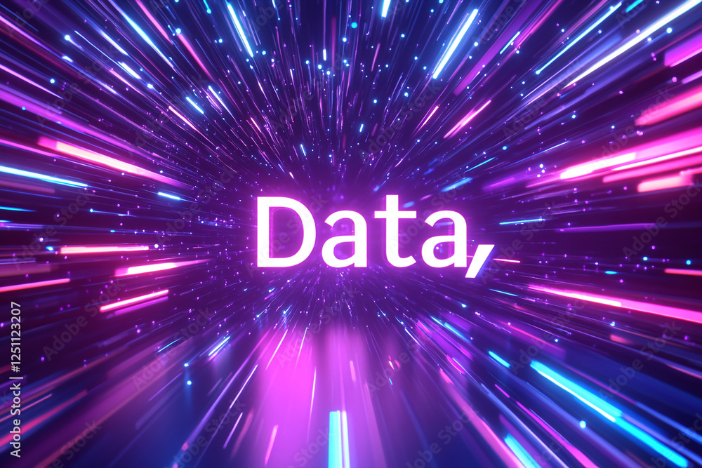 Poster abstract image of colorful data explosion with the word 'data' in the center, symbolizing digital te