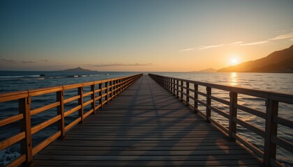 Obraz premium A beautiful wooden pier extending into the ocean at sunset, casting long shadows. Serene seascape with mountains and a boat in the background. Perfect for travel and nature themes.