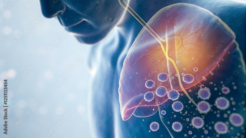 Poster illustration of human lungs with highlighted pathways and particles, emphasizing respiratory functio