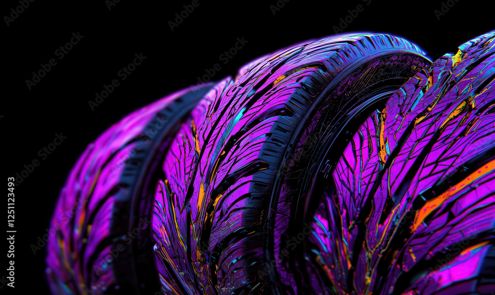 Poster explore the intersection of art and technology with vibrantly crafted tires, featuring abstract patt