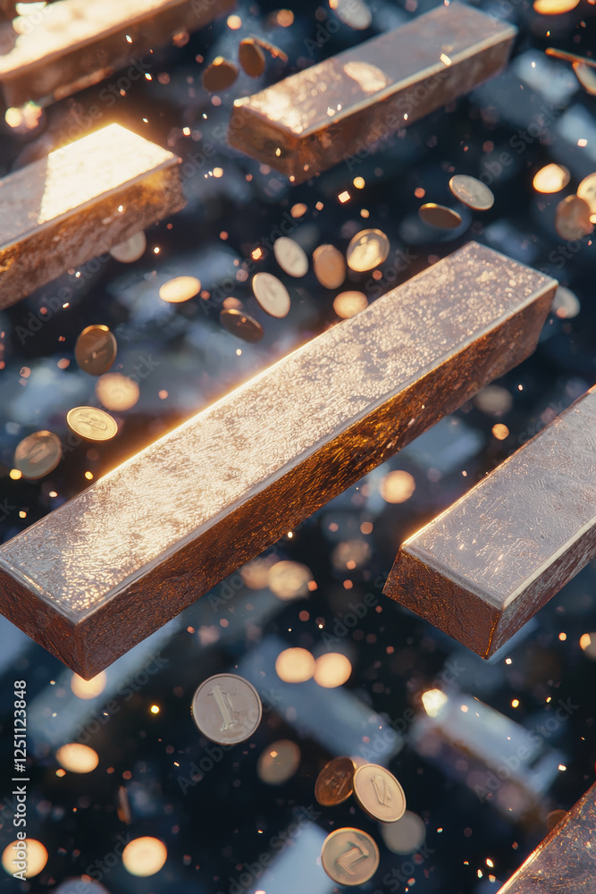 Poster an enchanting view of floating gold bars and coins symbolizing wealth and financial power: a captiva