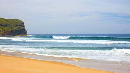 Coastal beach scene with waves crashing on shore.  Possible use Stock photo for travel brochures or websites focused on surfing or coastal vacations