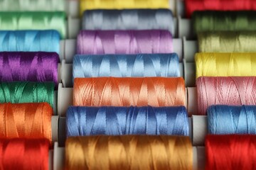 Different spools of sewing threads as background, closeup
