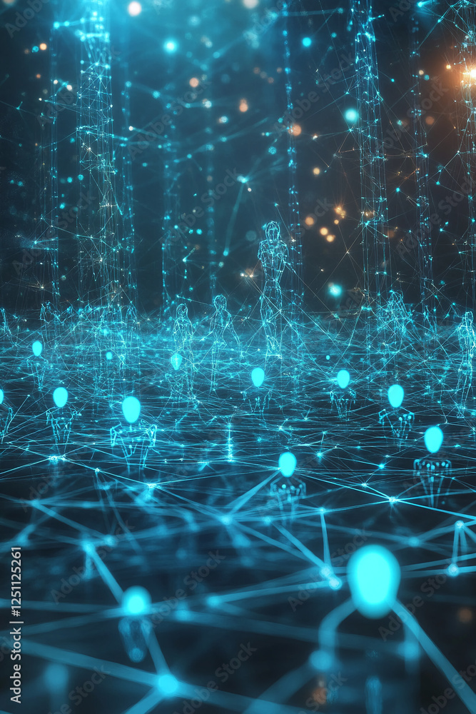 Poster a futuristic digital network of glowing figures connected by glowing lines, symbolizing technology, 