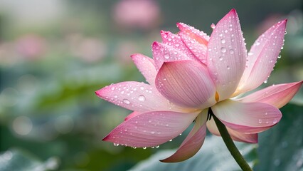Fototapeta premium Pink Lotus Blossom: A delicate pink lotus flower with water droplets glistening on its petals, capturing a moment of serene beauty and tranquility in the midst of nature's embrace.