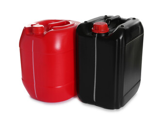 Two colorful plastic canisters isolated on white