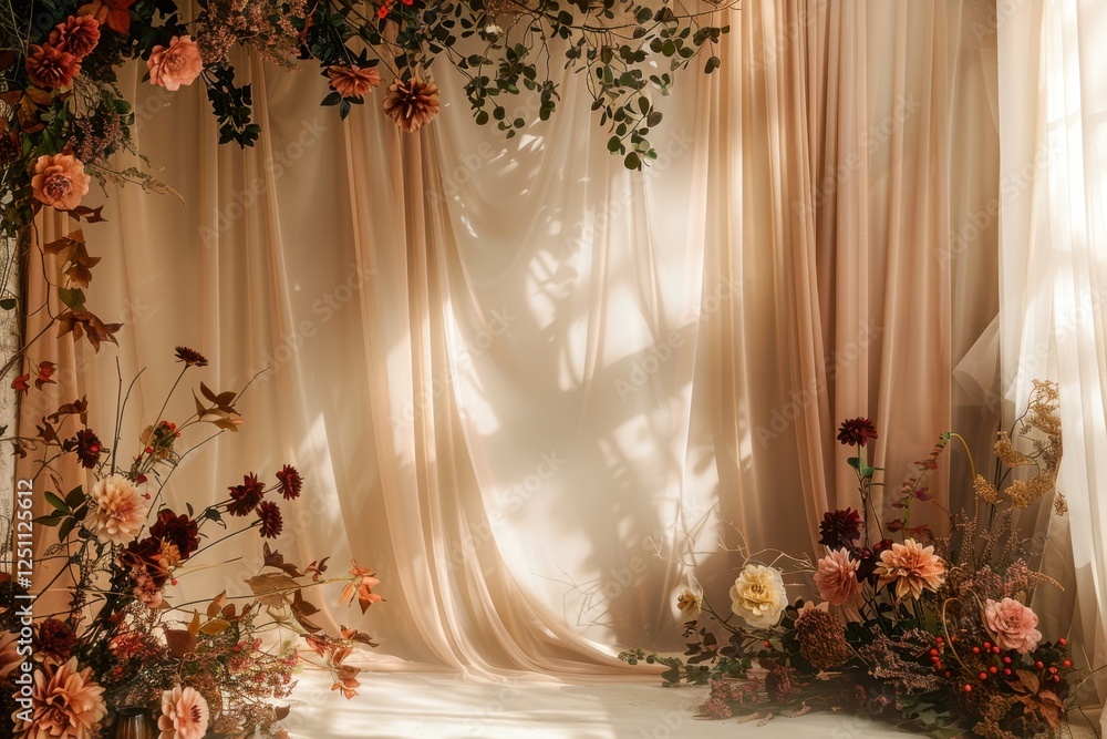 Poster modern bohemian style soft terracotta studio backdrop with a matte finish, off-white curtains with r