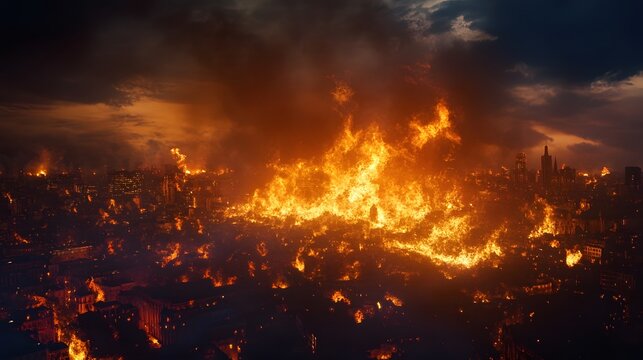 Massive fiery eruption engulfs a city in a catastrophic disaster scene with billowing plumes of thick black smoke and intense flames spreading rapidly across the urban landscape