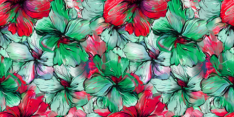 Vibrant seamless floral pattern with colorful flowers, leaves and berries on a neon background. Perfect for textiles, wallpapers and digital projects. Botanical elegance in a uniform style.