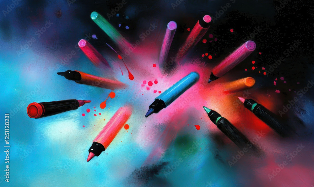 Poster discover the explosion of creative expression: an abstract representation of colorful markers radiat