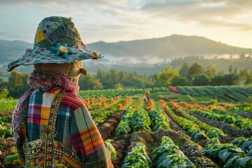 Organic farm at sunrise with rows of diverse crops, a scarecrow dressed in bright, patchwork clothes, and a background of rolling misty hills 