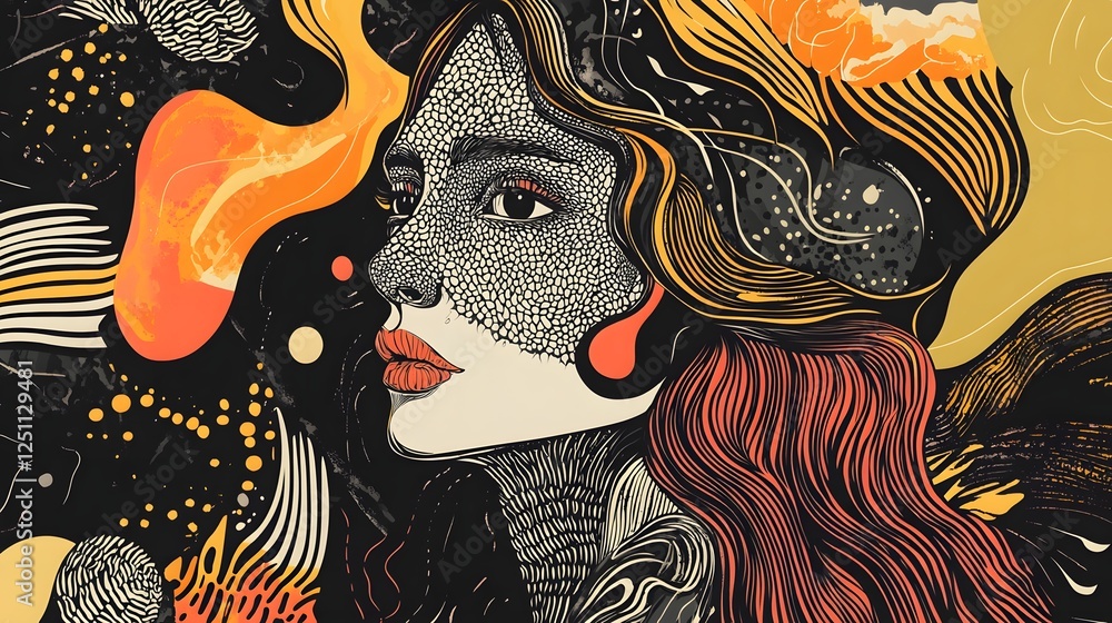 Poster mesmerizing surreal digital portrait with flowing cosmic patterns and vibrant colors