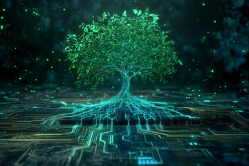 Futuristic digital tree growing from circuit board with luminous roots
