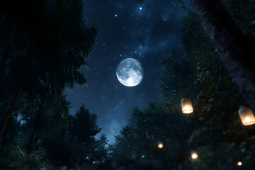 Ornamental Arabic lantern with burning candle glowing in hand. Festive greeting card, invitation for Muslim holy month Ramadan Kareem, Ramadan crescent moon	