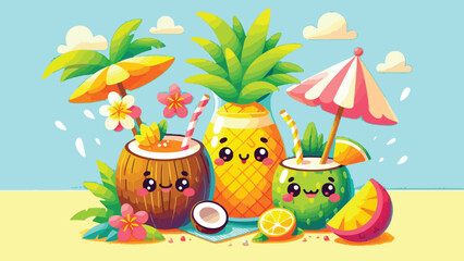 Tropical Smoothie Friends, A pineapple, mango, and coconut with playful expressions blending themselves into tropical smoothies. Include a beachside vibe with bright umbrellas and tropical flowers 