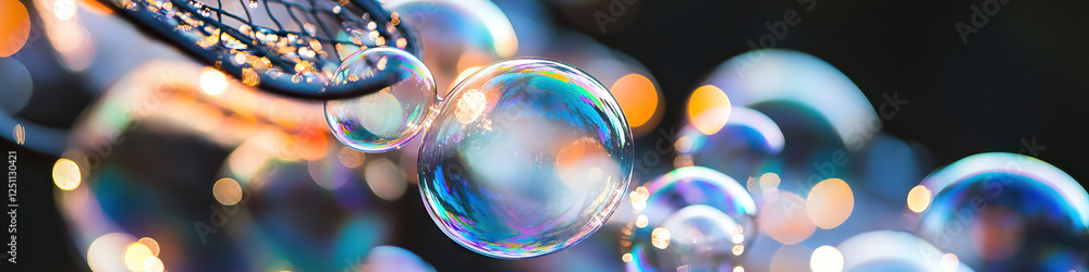 Poster iridescent soap bubbles with bokeh background