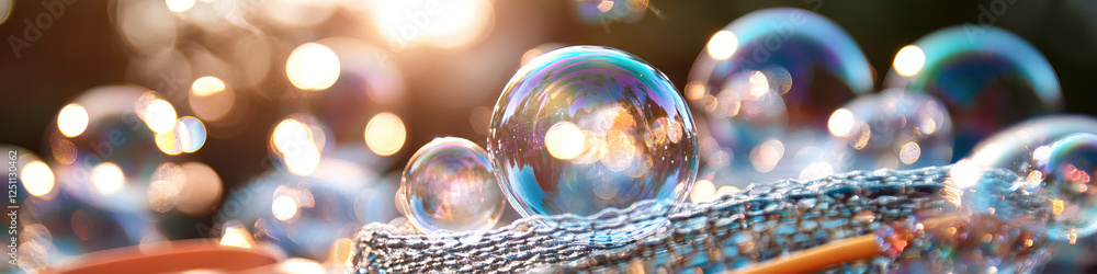 Poster soap bubbles on mesh surface with bokeh background