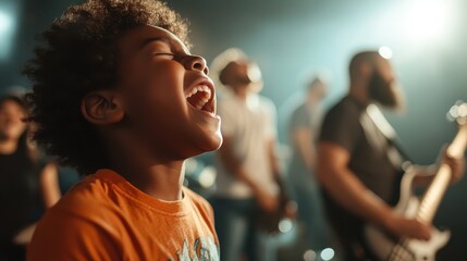 An energetic child joyfully singing along at a vibrant live music event, capturing the essence of youthful exuberance and the power of music to unite and uplift spirits.