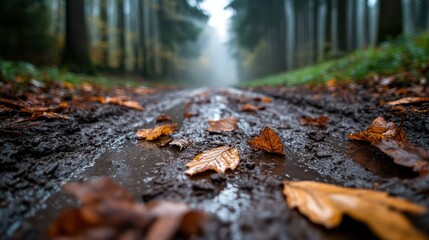 Obraz premium Leaves scattered on a muddy road during autumn create a picturesque scene, portraying the changing seasons and the beauty of nature's transition.