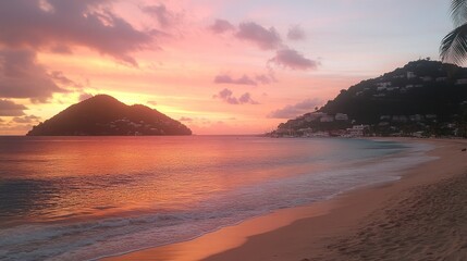 Sunset over tropical beach island hills and ocean