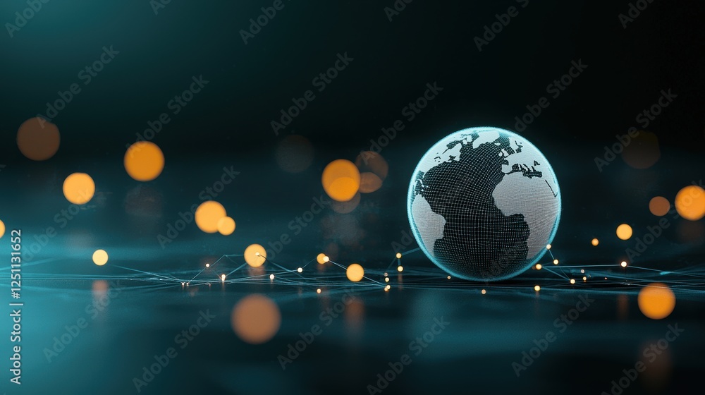 Poster a dark background with a wireframe earth model at the center, surrounded by radiating lines and data