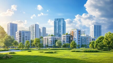 Obraz premium Green city park, modern apartments, sunny day, urban landscape, real estate