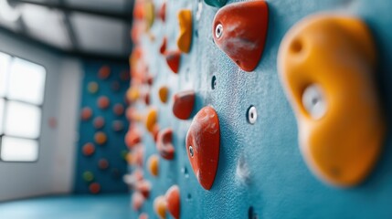 A close-up of colorful rock climbing holds on a wall illustrates the sport's challenges, emphasizing determination, physical strength, and the exciting world of indoor climbing.