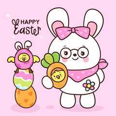 easter bunny with egg chick and carrot kawaii animal cute card pastel color happy cartoon rabbit