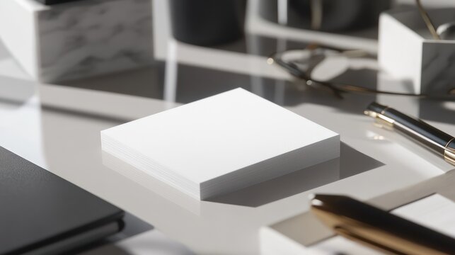 A minimalist and modern desktop scene featuring office supplies on a bright table top