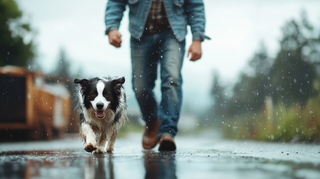 A joyful dog runs beside its owner during a rain-soaked walk, perfectly capturing the joyous bond between pets and their humans in nature's refreshing embrace.