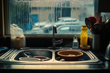 Clean and shiny kitchen sink with fresh water and no dishes, showcasing minimalist design for a cozy home. Generative AI