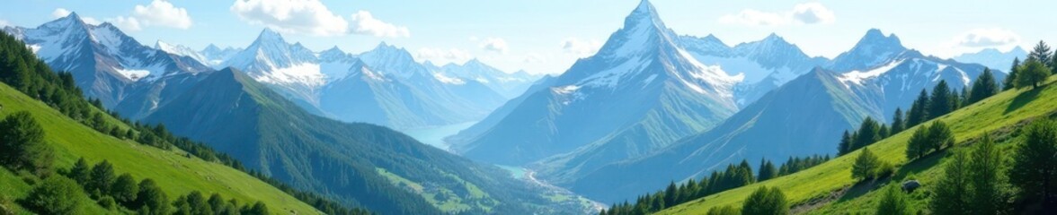 Fototapeta premium Majestic snow-capped peaks, lush green valleys , alpine, landscape, wilderness