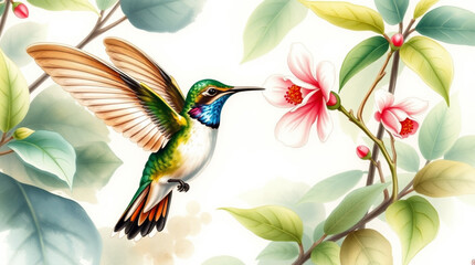 Obraz premium Hummingbird joyfully feeding from a vibrant flower against a green background