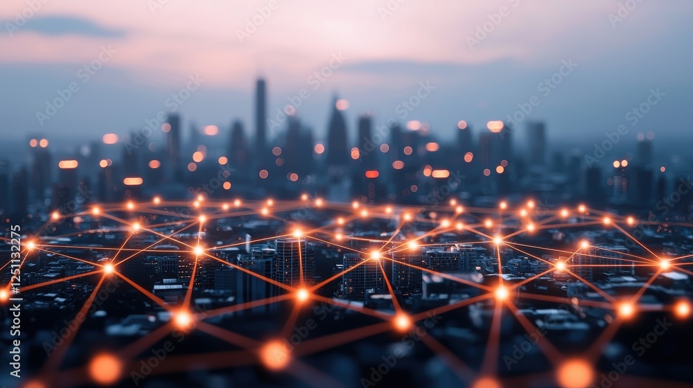 Poster a futuristic cityscape at night with glowing lines representing interconnected networks and data cen