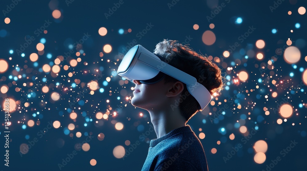 Aufkleber a person wearing a vr headset immersed in a virtual world, with glowing lines and data points surrou