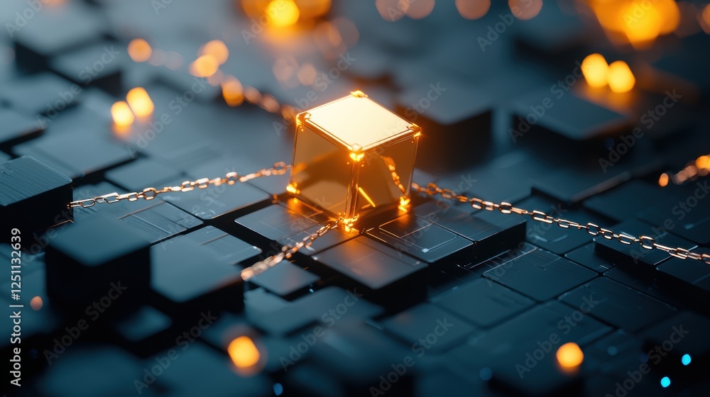 Poster a dark background with glowing cubes connected by chains, representing blockchain technology and dec