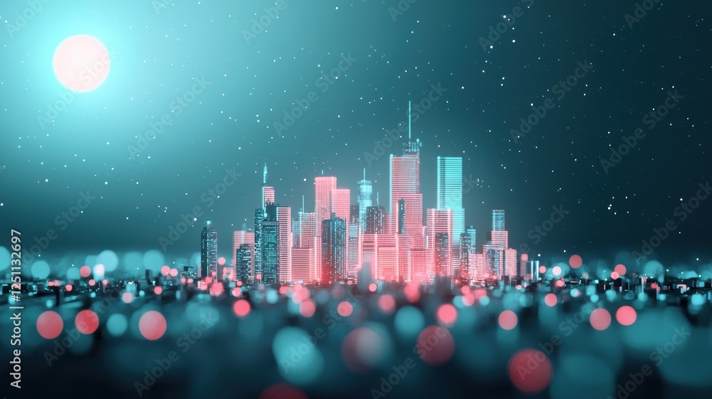 Poster a futuristic city with glowing lines representing blockchain transactions and interconnected devices