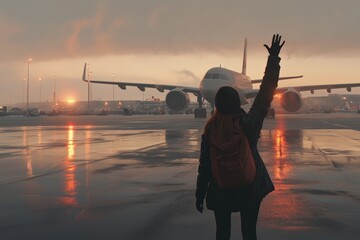 Woman waving goodbye at the airport, capturing a moment of departure