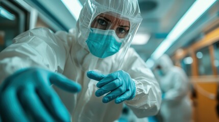 A focused medical worker in protective gear lunges toward the camera, showcasing the urgency and dedication of those on the front lines in patient care during a health crisis.