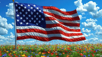 American flag waving in wildflowers, sunny sky. Patriotic image for holidays