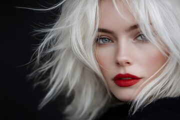 Naklejka premium Elegant Blonde Woman with Red Lips and Windblown Hair in Dramatic Lighting