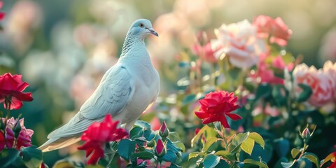 Portrait of a Dove with blurred rose garden background, copy space, cinematic 