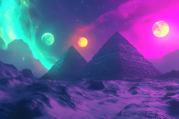 Fototapete Rund Vibrant alien landscape with neon skies and pyramids under three moons at night © Svetlana