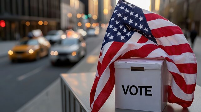 American flag beside a ballot box on a city street, emphasizing civic engagement and voting