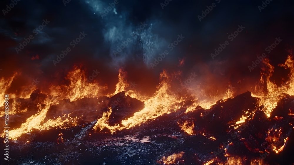 Poster raging inferno apocalyptic scenes of devastating wildfire engulfing a landscape intense flames billo