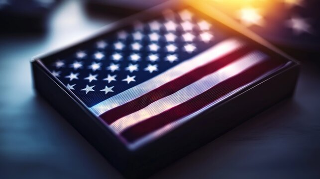 Folded US flag in gift box, patriotic display