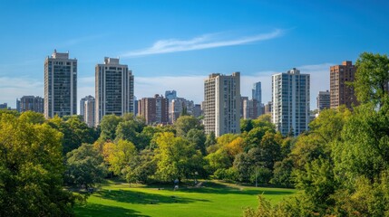 City skyline viewed from park, green trees, sunny day, urban landscape, ideal for travel brochures