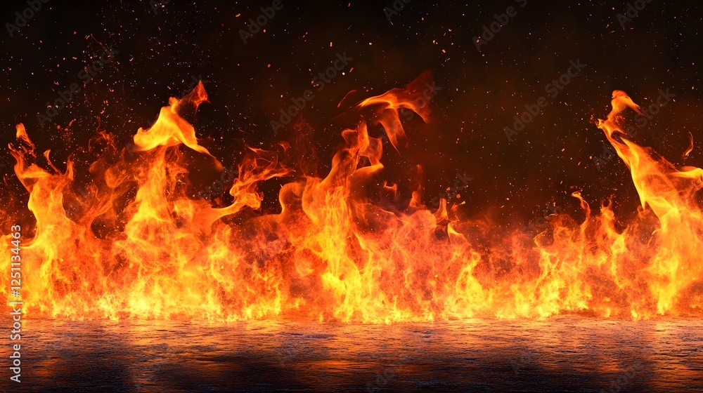 Poster Raging inferno of intense flames burning bright with dynamic chaos and catastrophic beauty  Mesmerizing and alluring display of powerful fiery energy consuming everything in its path