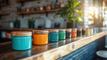 A vibrant array of colorful jars with wooden lids neatly arranged on a wooden countertop, highlighting their aesthetic appeal in a modern and stylish setting.