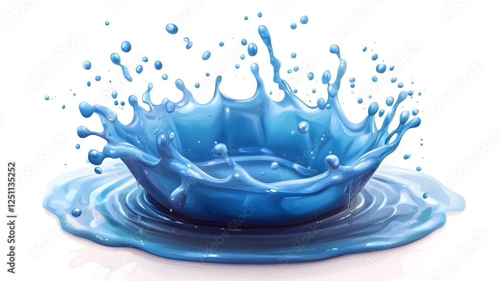 Poster refreshing blue water splash with dynamic flowing droplets bubbles and waves wet transparent and abs